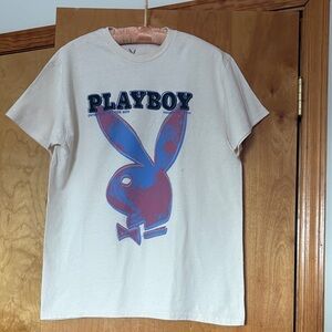 PLAYBOY Mens White T-Shirt with Blue and Red Logo